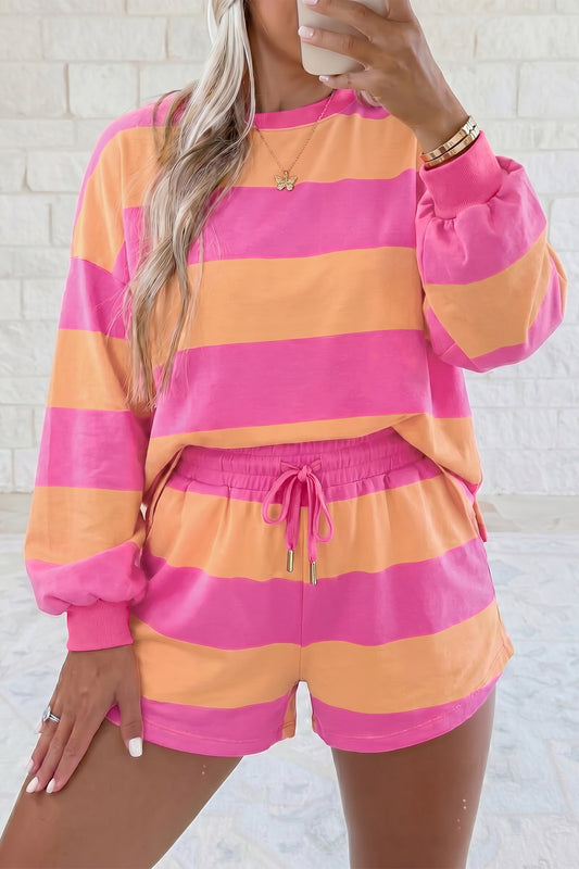 Pink Stripe Long Sleeve Casual Top Drawstring Shorts 2pcs Set - Pink Stripe - 2