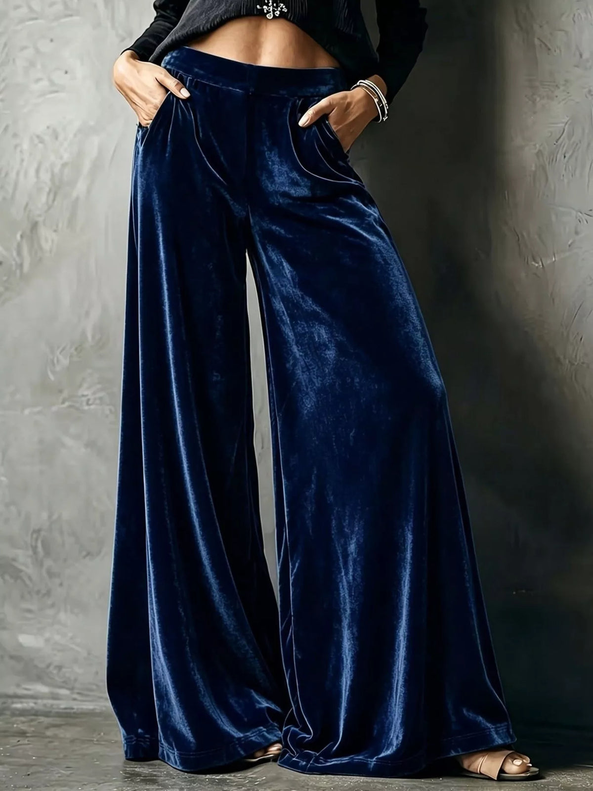 Full Size High-Waisted Wide-Leg Velvet Pants Plus Size - Navy - View 1