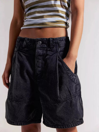 High-Waisted Denim Shorts - Black - View 1
