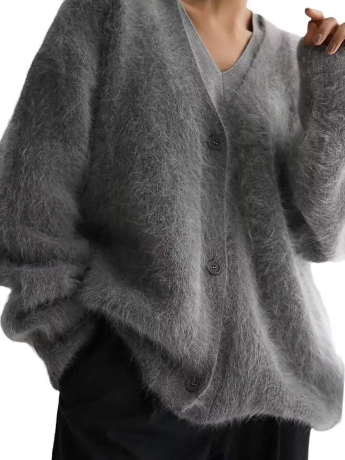 Fuzzy V-Neck Button-Down Cardigan - Gray - View 6