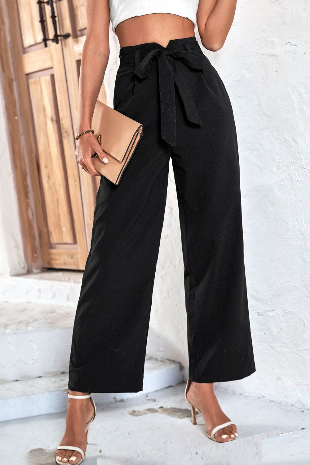 Perfee Belted High-Rise Wide Leg Pants - Black - View 1