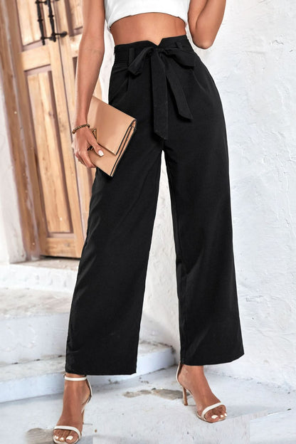 Perfee Belted High-Rise Wide Leg Pants - Black - View 1