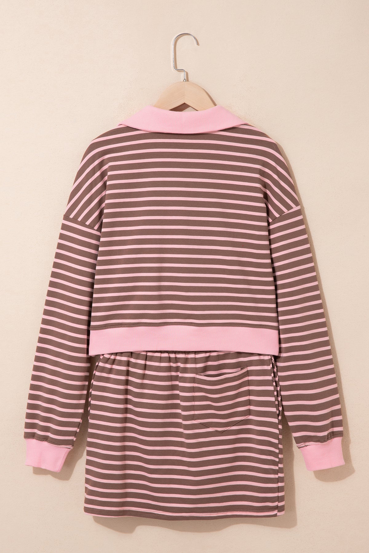 Brown Stripe Striped Drawstring Waist Long Sleeve Top Mini Skort Set