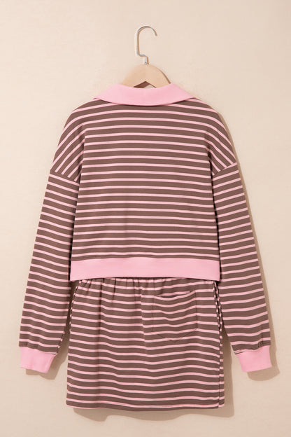 Brown Stripe Striped Drawstring Waist Long Sleeve Top Mini Skort Set