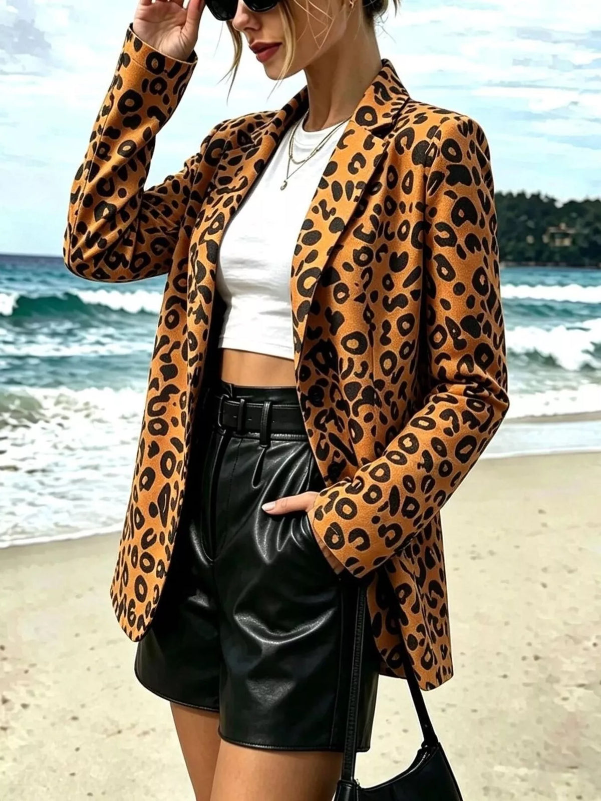 Leopard Print Long Sleeve Blazer - Leopard - View 3