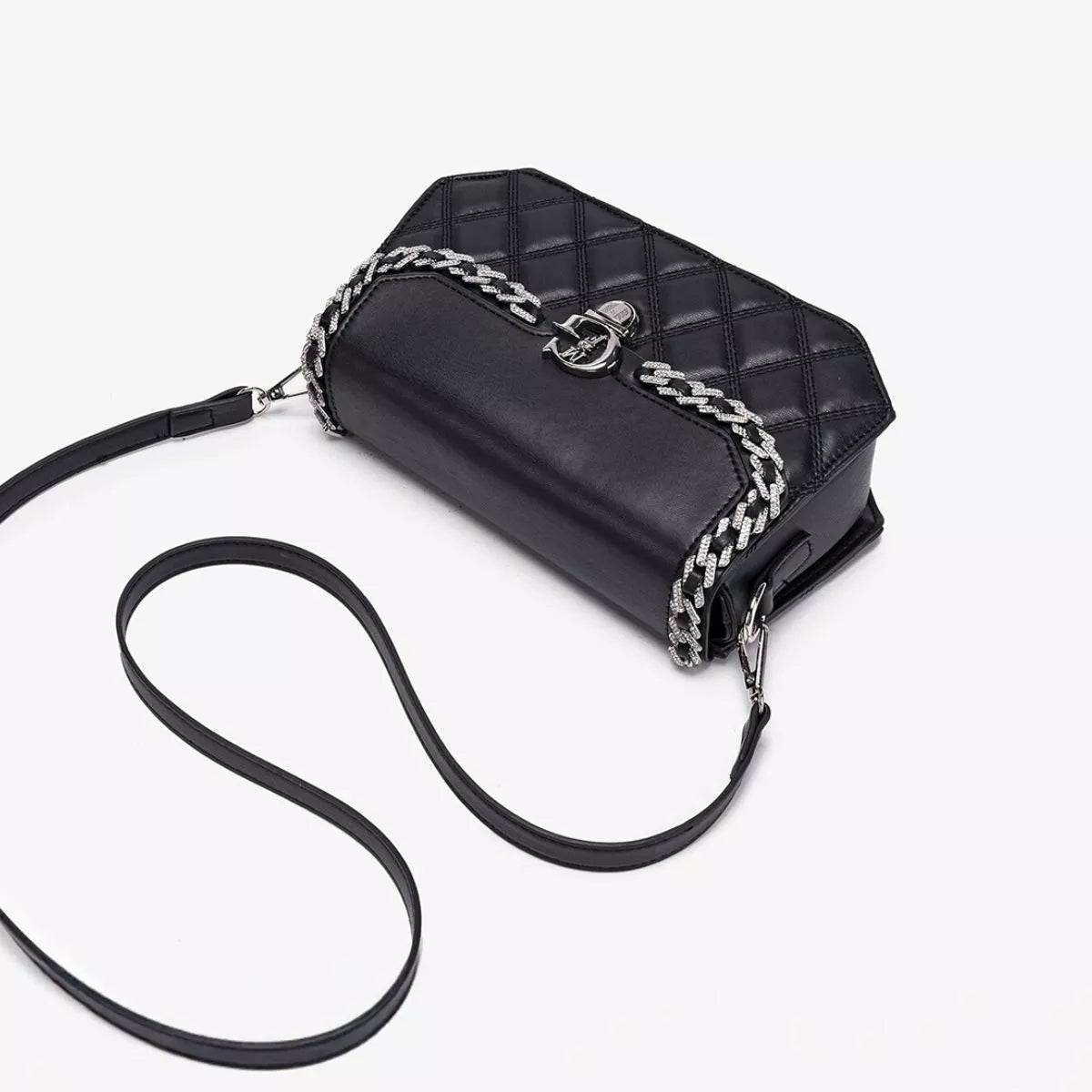 Quilted PU Leather Crossbody Bag with Rhinestone Decor - Black - View 8