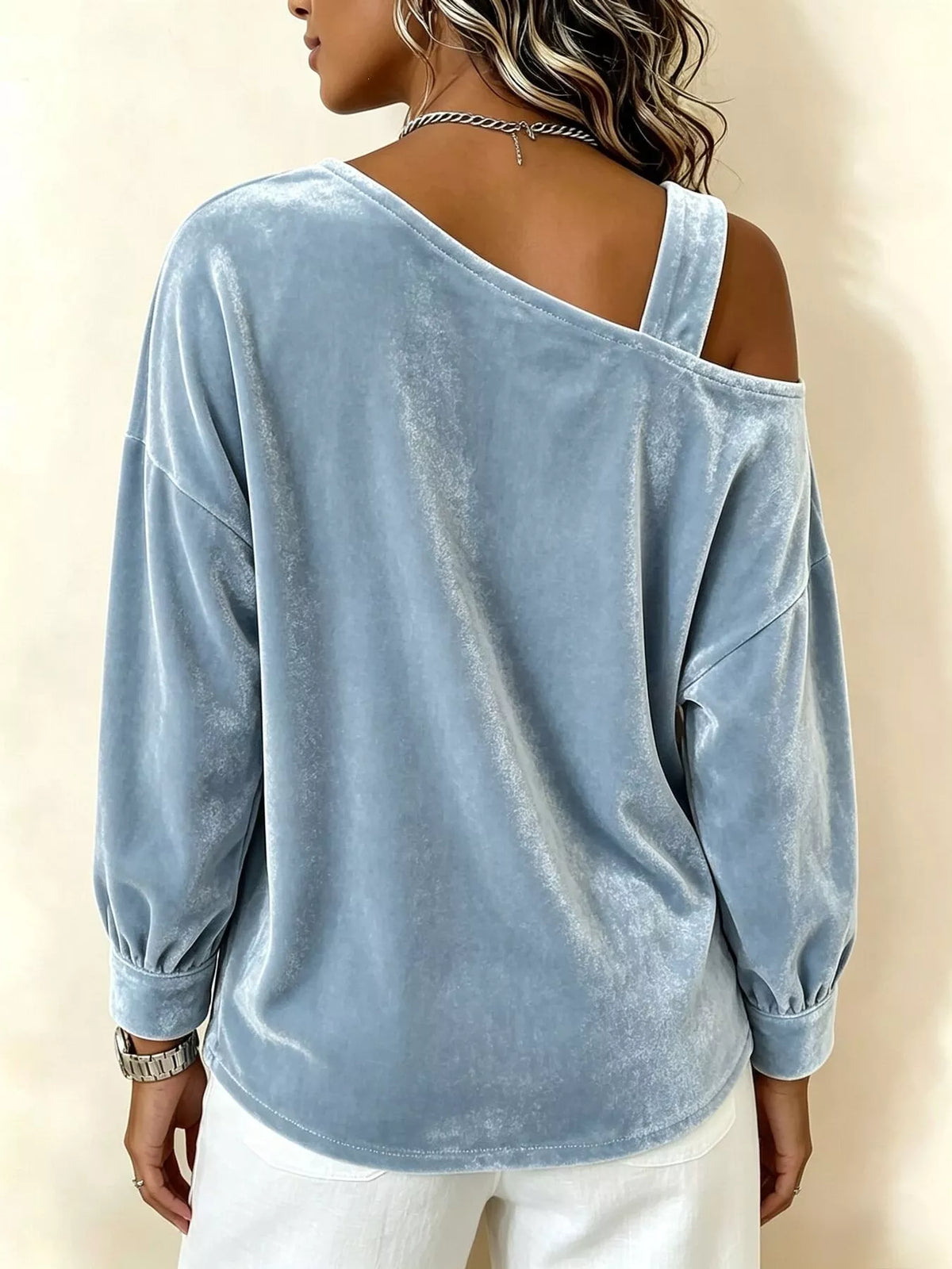 Full Size Velvet Asymmetrical Neck Sweatshirt with Buckle Detail Plus Size - Blue - View 3