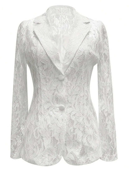 Floral Pattern Lace Single-Breasted Blazer - White - View 3