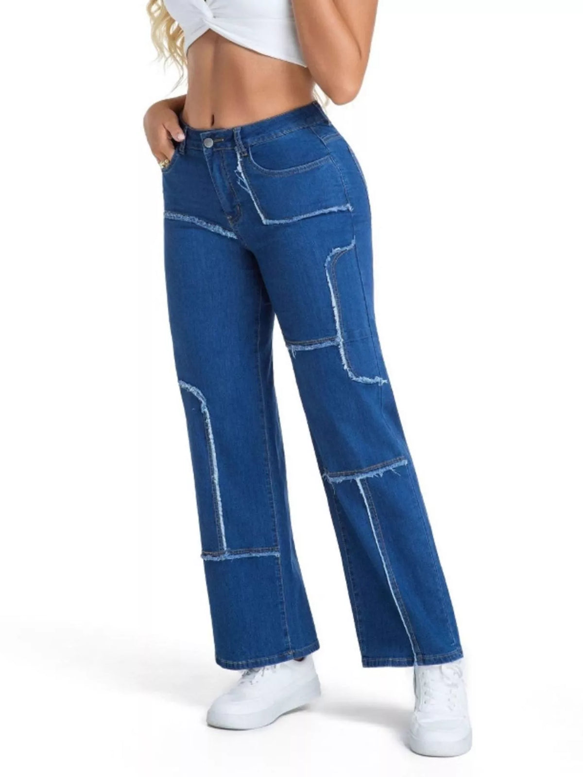 Frayed Edge Straight Leg Jeans - Medium Blue - View 5
