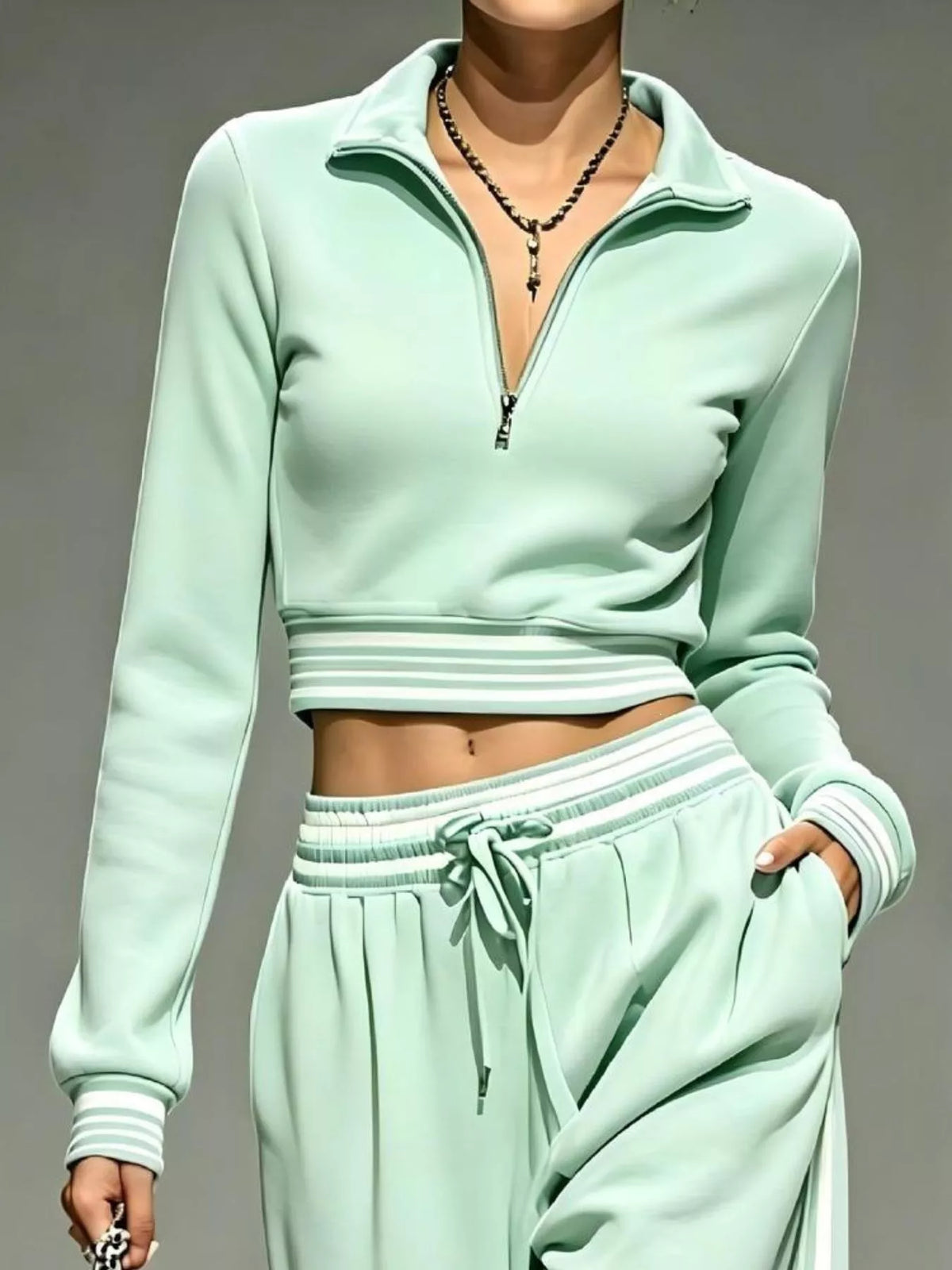 Full Size Half Zip Cropped Top and Pants Set Plus Size - Gum Leaf - View 2