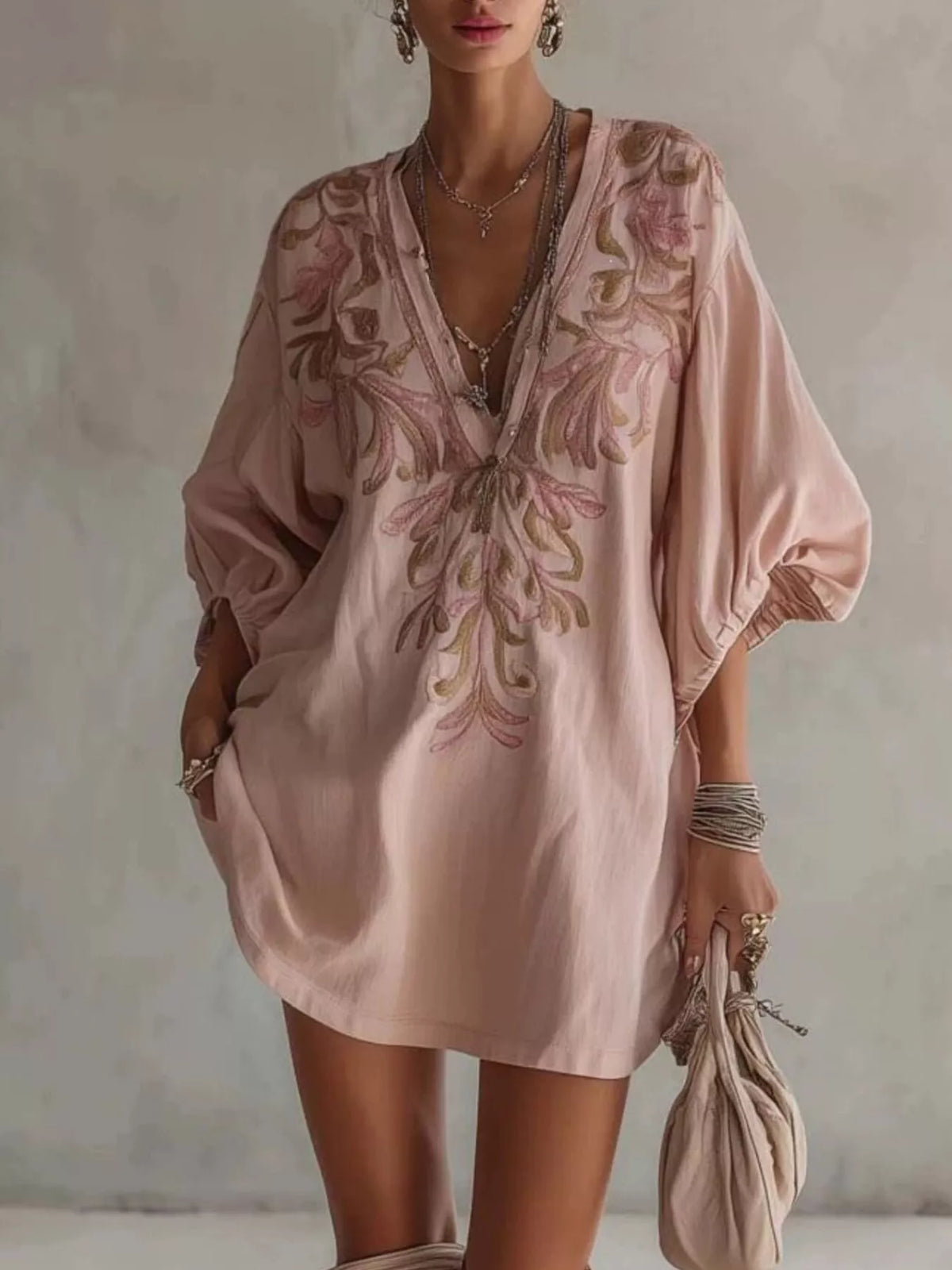 Full Size Embroidered V-Neck Mini Dress Plus Size - Dusty Pink - View 1