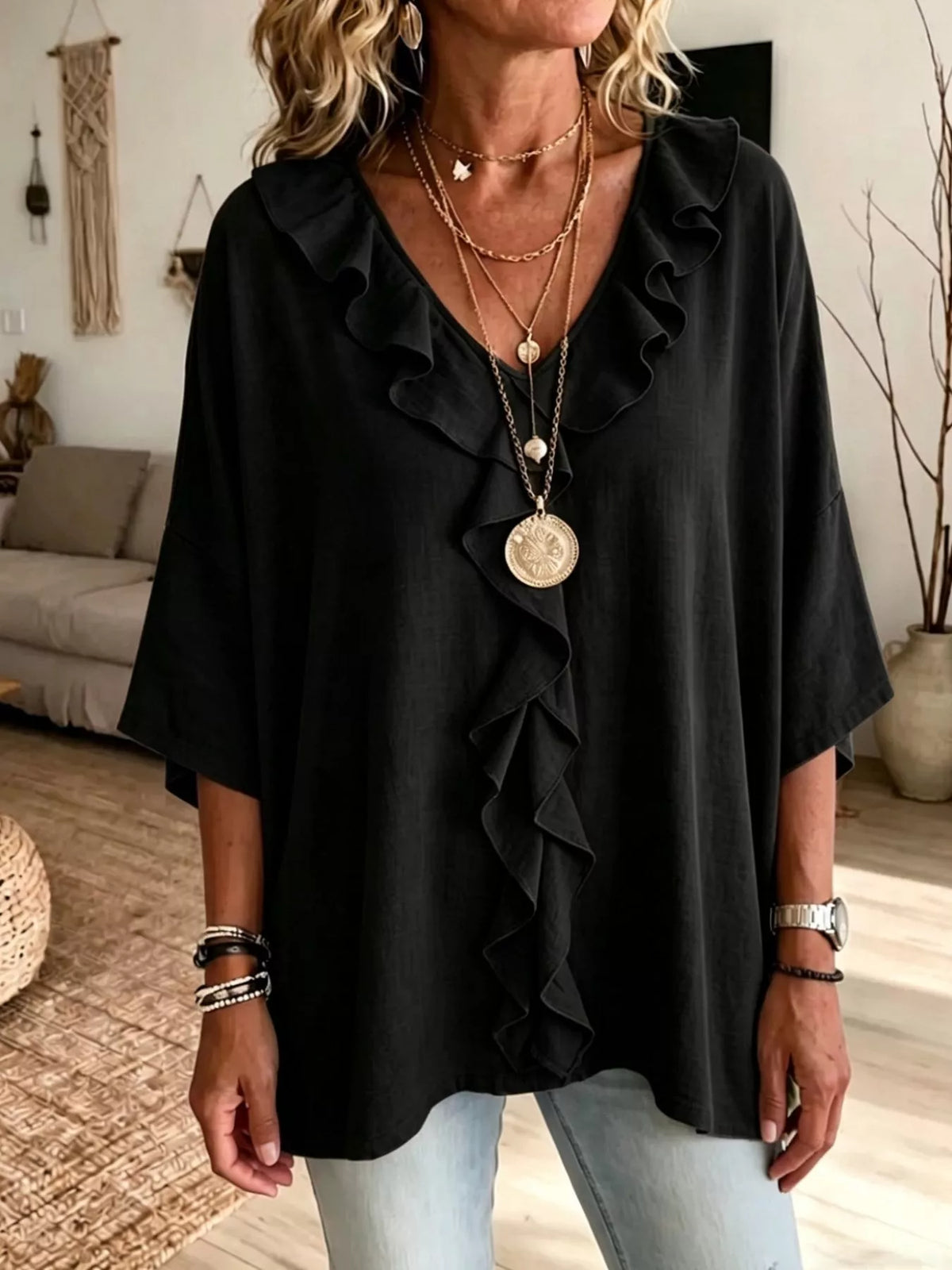 Full Size Ruffle V-Neck 3/4 Sleeve Blouse Plus Size - Black - View 9