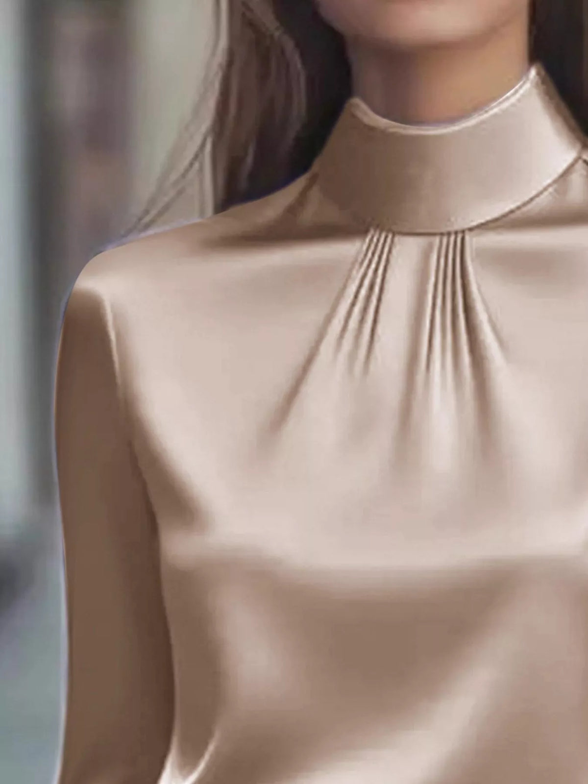 Mock Neck Long Sleeve Blouse with Pleated Detail - Khaki - View 5
