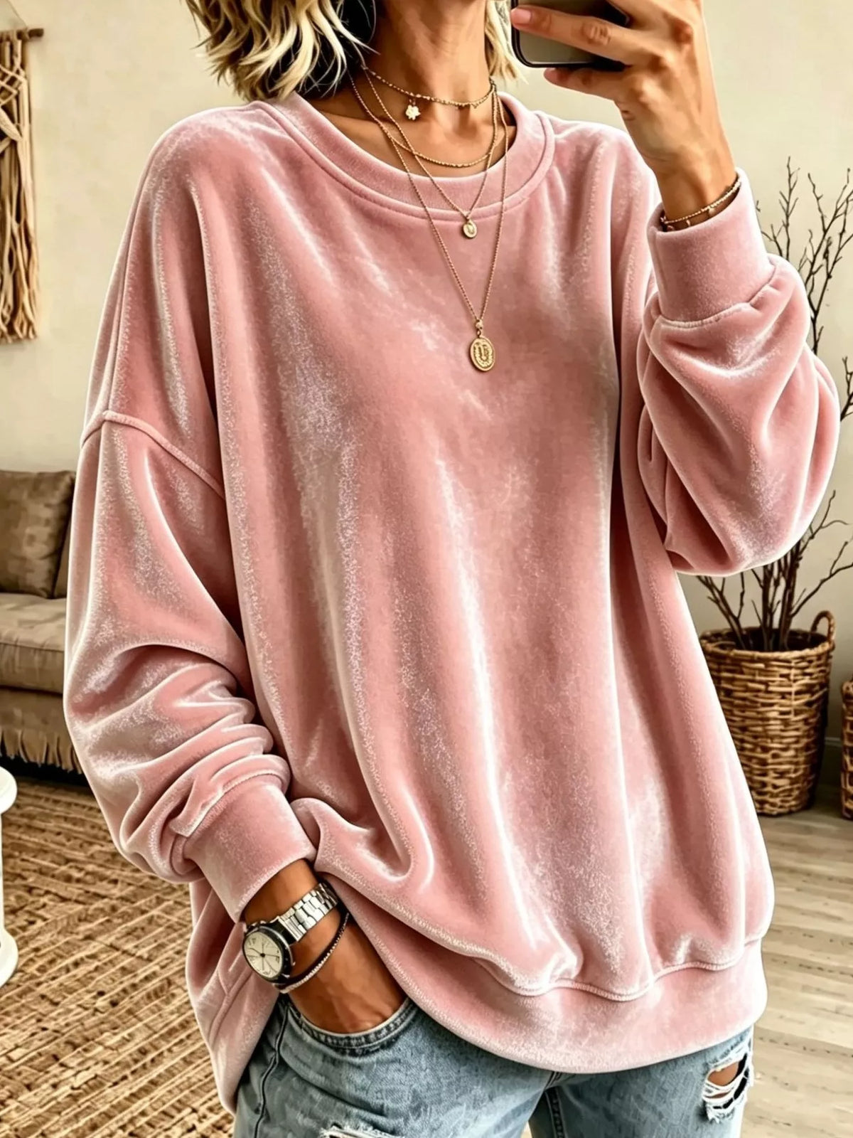 Full Size Solid Color Crew Neck Sweatshirt Plus Size - Pink - View 17