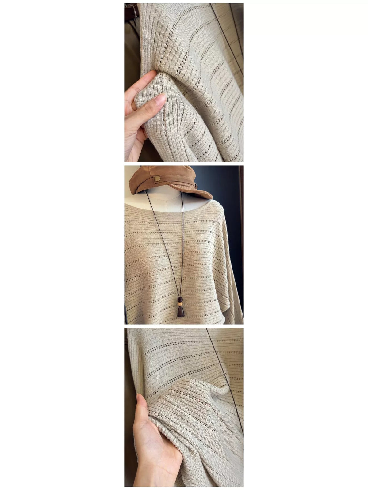 Openwork Boat Neck Sweater - Oatmeal - View 4
