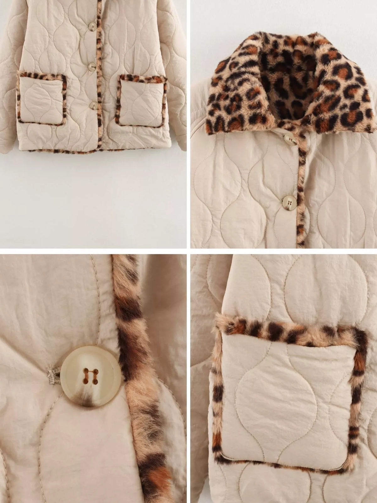 Leopard Faux Fur Trim Quilted Jacket - Khaki - View 3