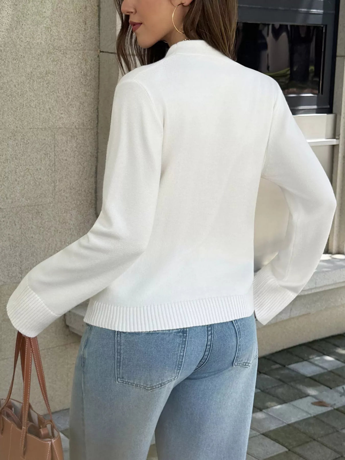 V-Neck Button-Down Knit Cardigan - White - View 5