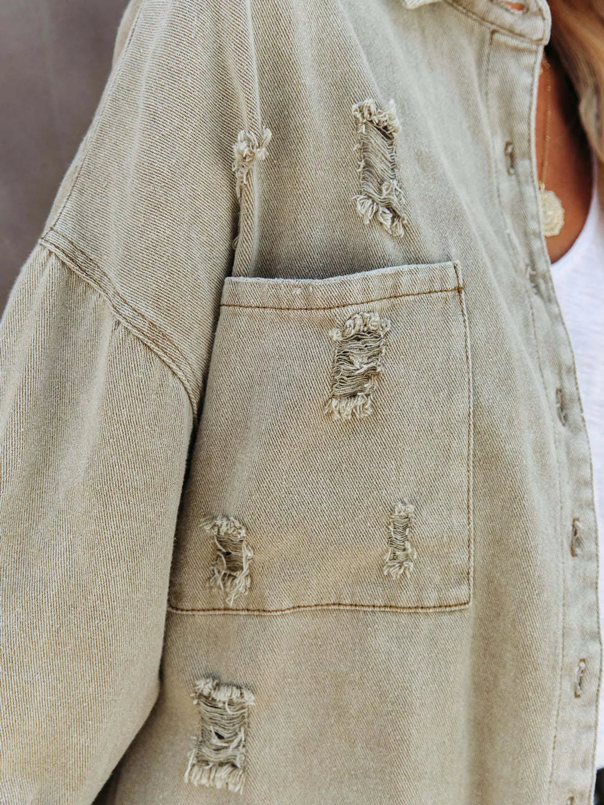 Distressed Raw Hem Denim Jacket - Matcha Green - View 5