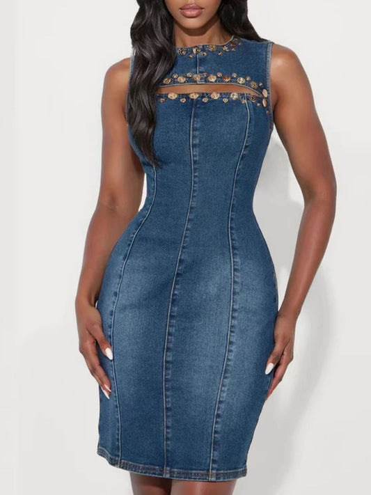 Embellished Cutout Sleeveless Denim Dress - product photo 1