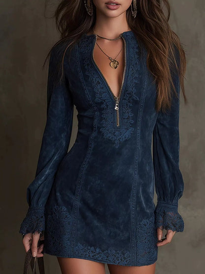 Full Size Zip-Front Long Sleeve Mini Dress Plus Size - Navy Blue - View 1