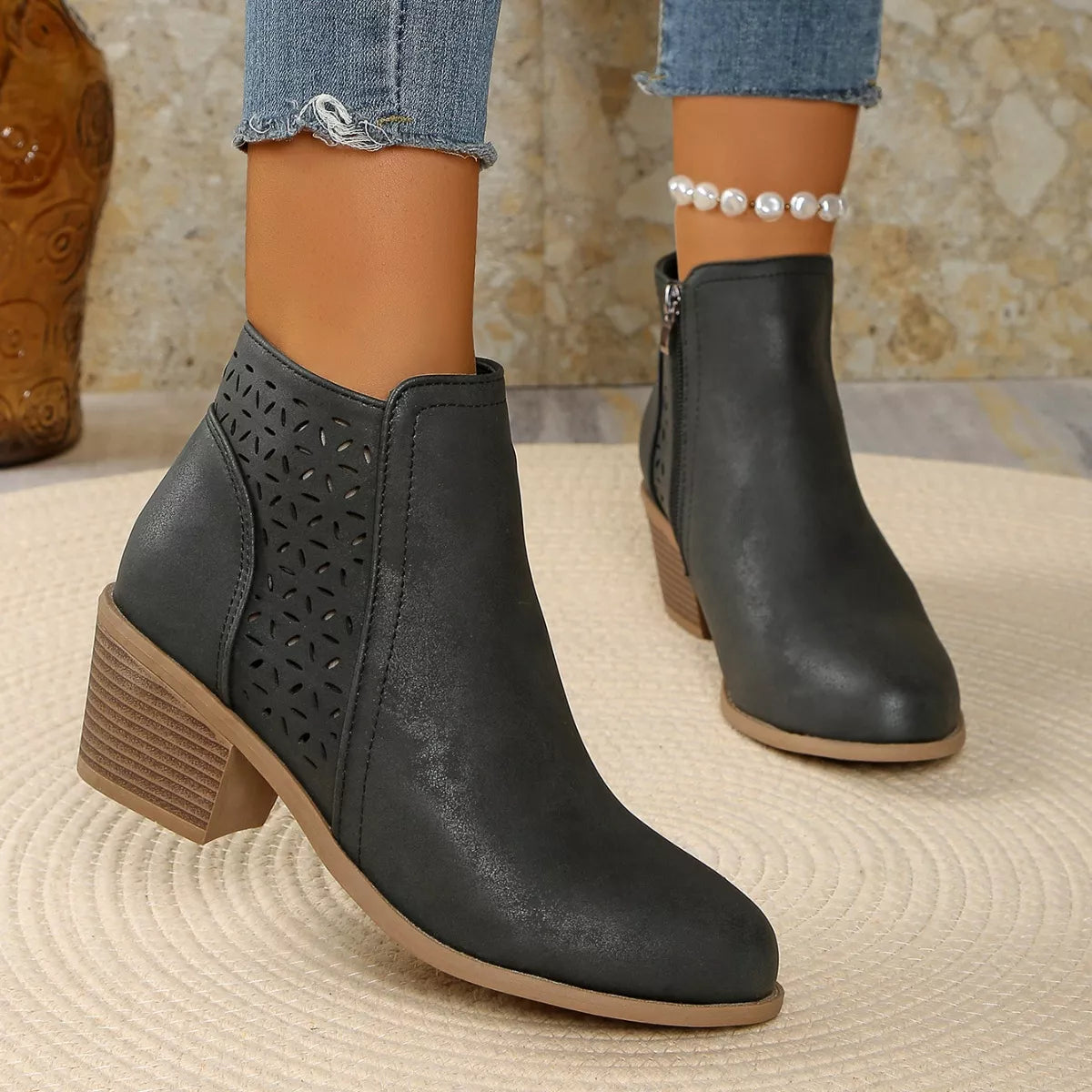 Point Toe Block Heels Boots - Black - View 2