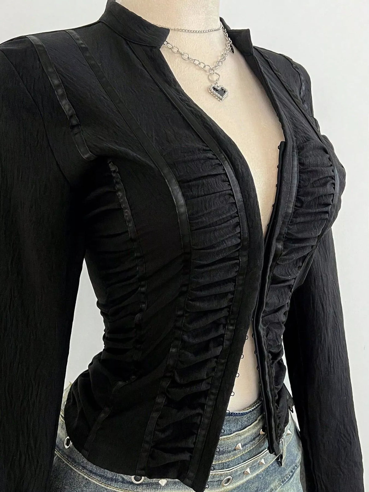 Ruched Slim-Fit Long Sleeve Top - Black - View 2