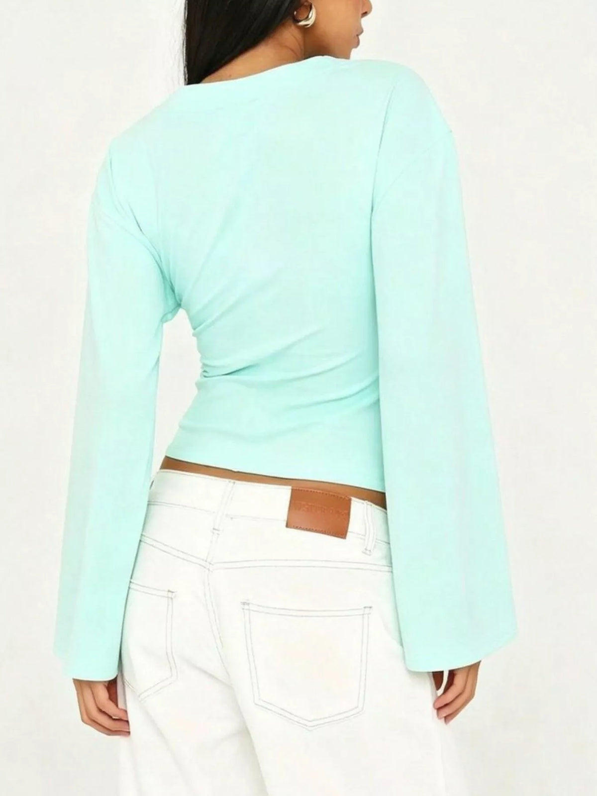V-Neck Flare Sleeve Blouse - Mint Blue - View 5