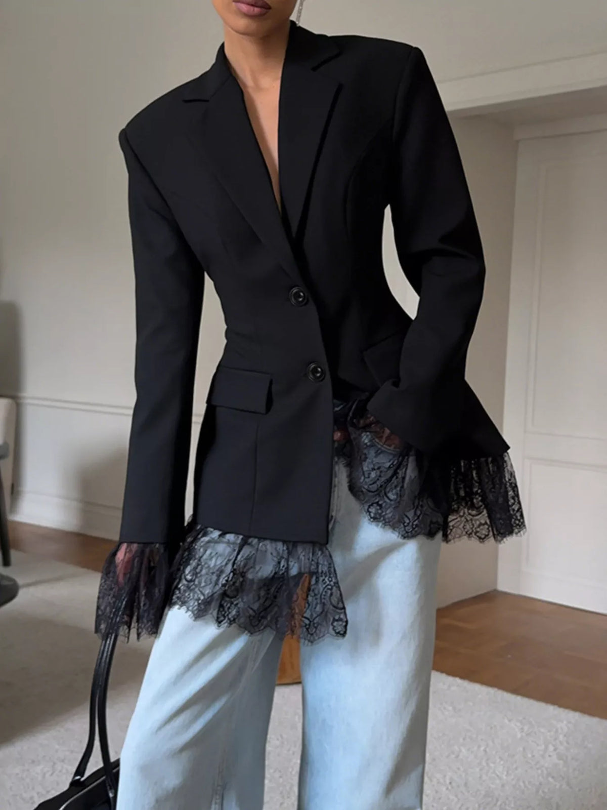 Lace Hem Lapel Collar Blazer - Black - View 6