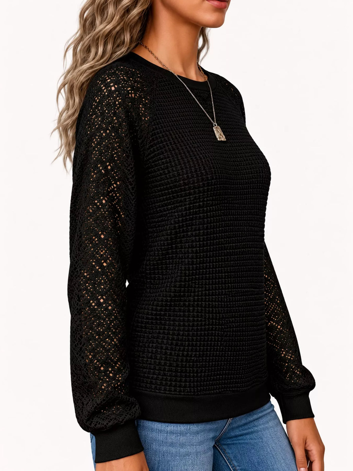 Waffle Knit Lace Sleeve T-Shirt - Black - View 5