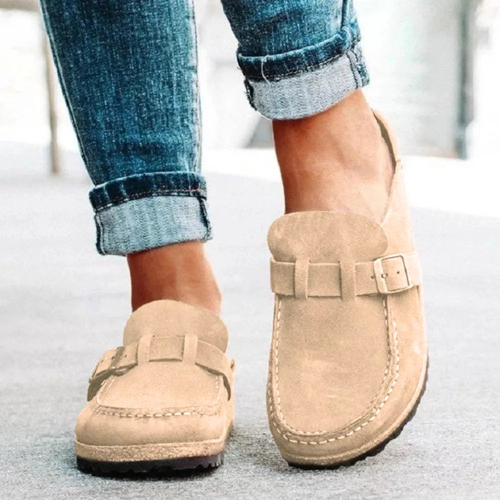 Round Toe Low Heel Buckle Loafers - Tan - View 1