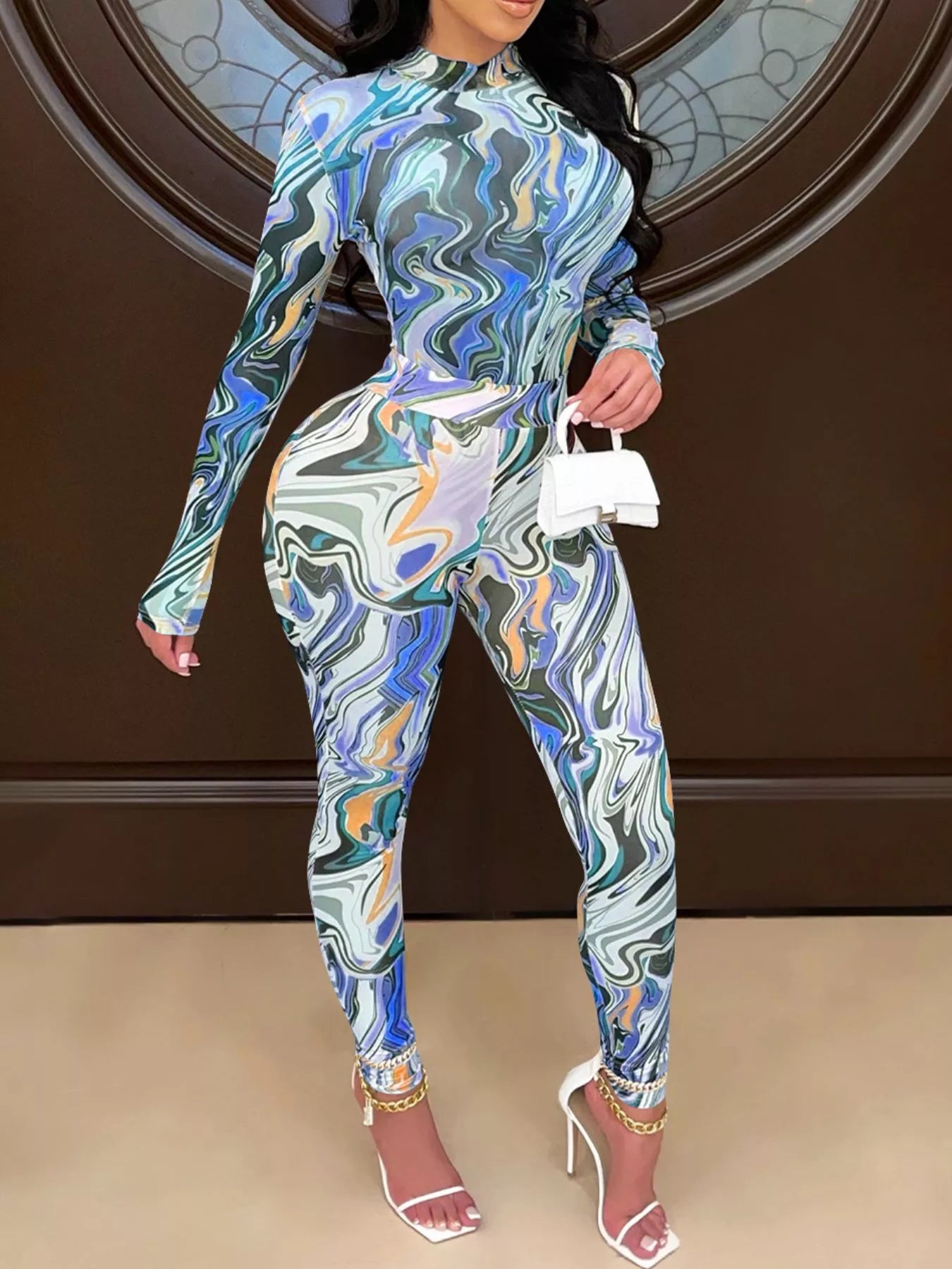 Abstract Swirl Print Top and Pants Set - Dusty Blue - Front Model View