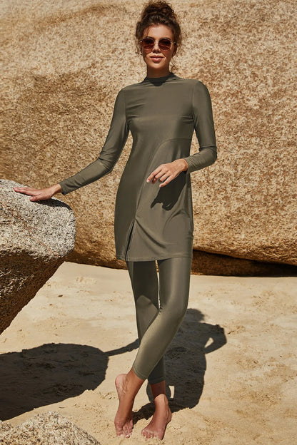 Slit Mock Neck Long Sleeve Top and Pants Swim Set - Army Green - View 4