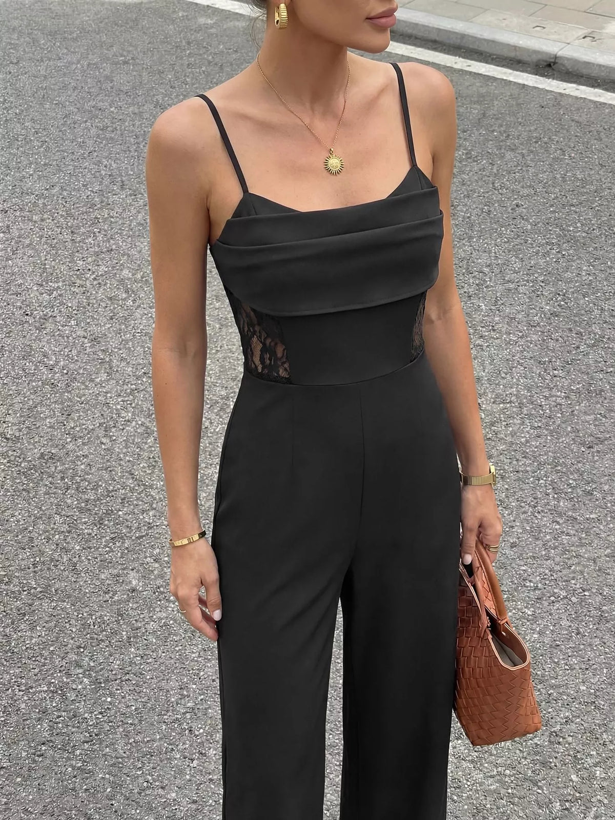 Lace Trim Wide Leg Jumpsuit - Black - View 2