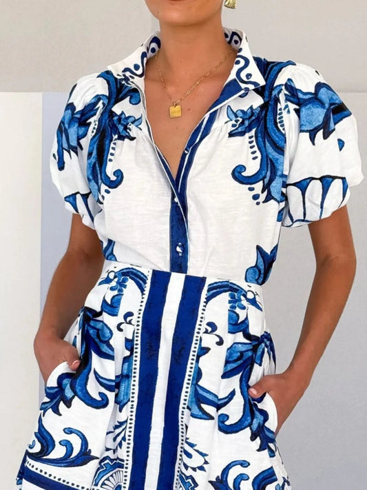 Puff Sleeve Printed Top and Zip Back Skirt Set - product photo 1