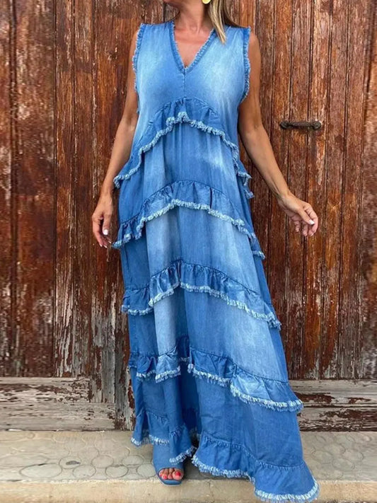 Raw Hem Layered Denim Maxi Dress - product photo 2