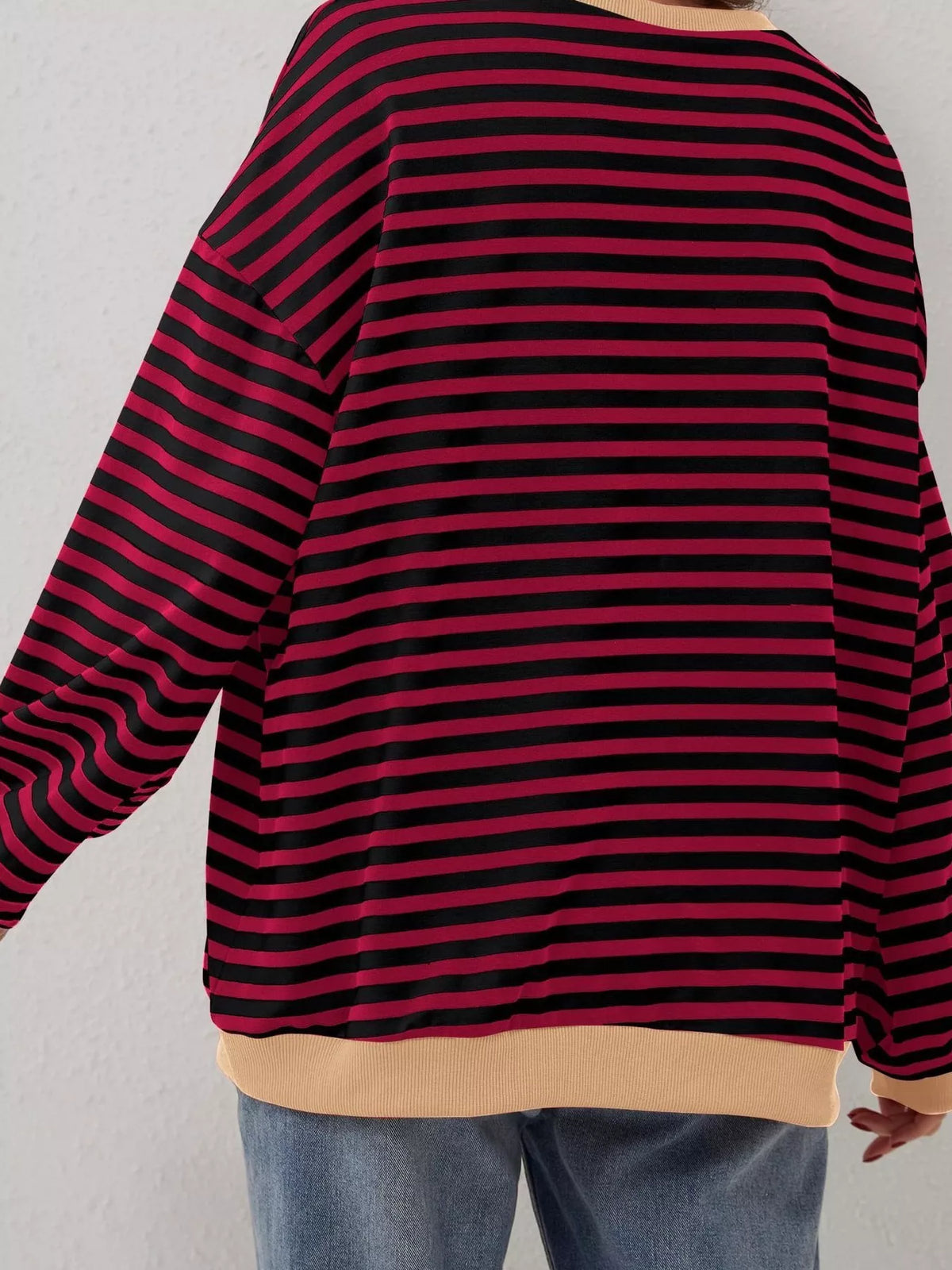 Striped Contrast Trim Oversized Sweatshirt - Burgundy - View 2