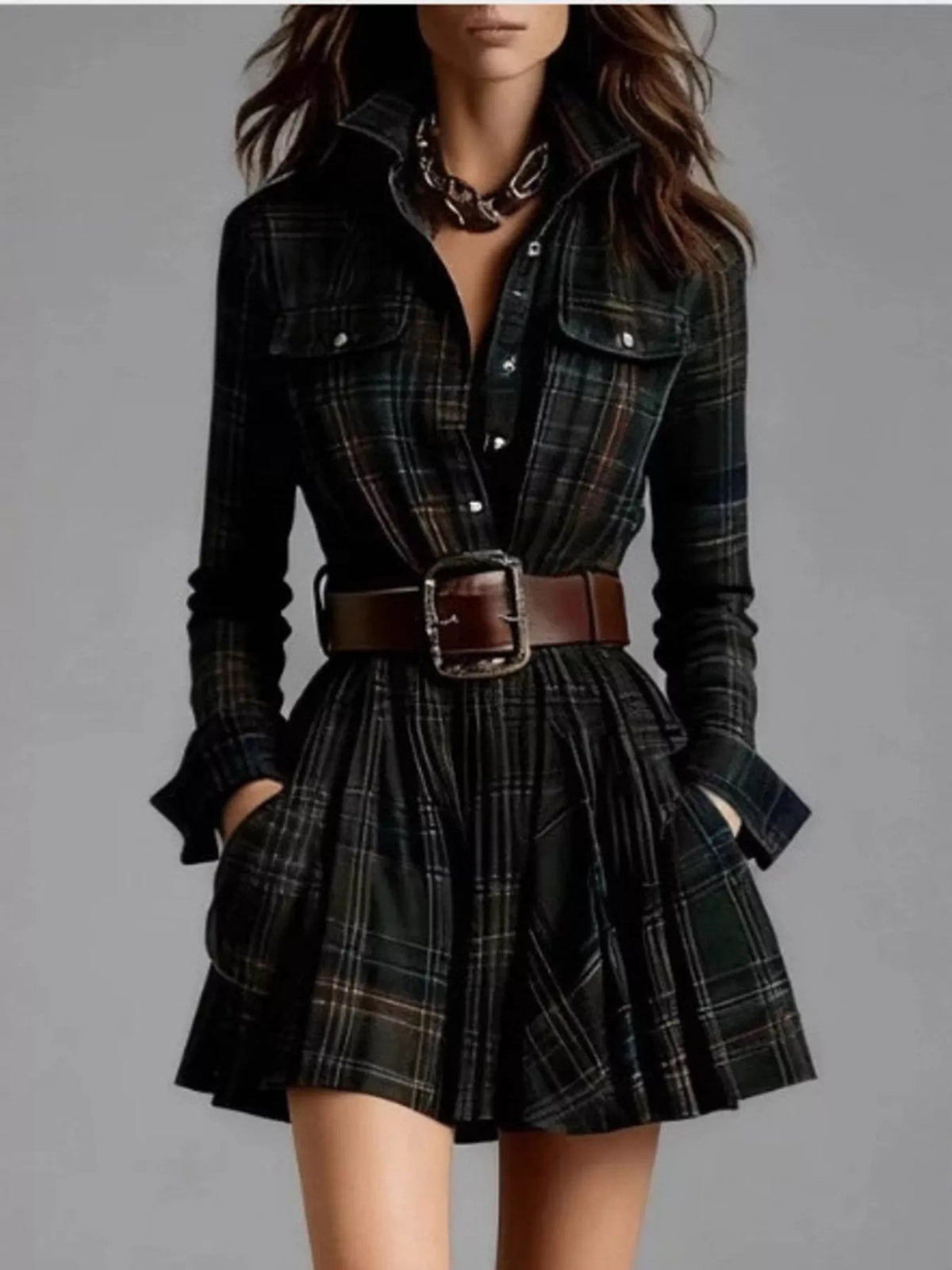 Plaid Long Sleeve Shirt Dress - Black Forest - View 1