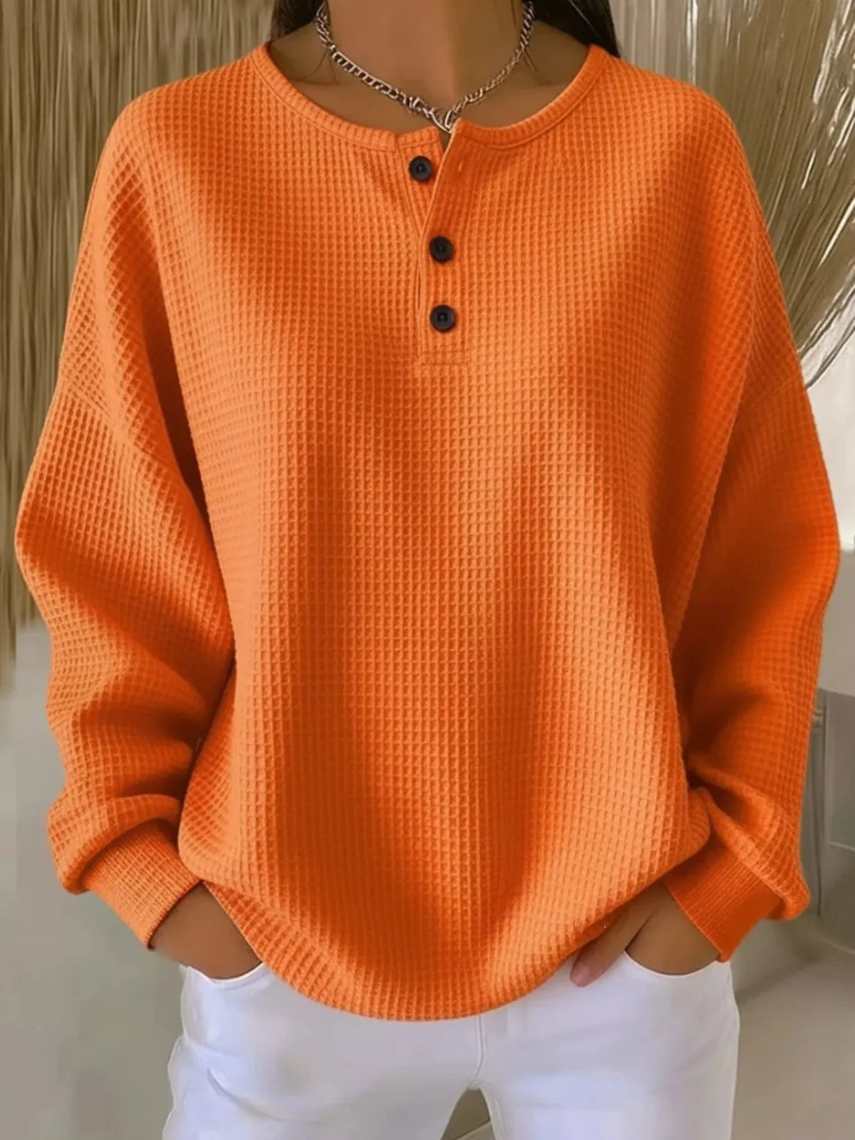 Full Size Waffle Knit Button Detail Top Plus Size - Orange - View 1