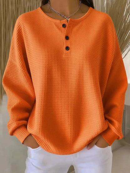 Full Size Waffle Knit Button Detail Top Plus Size - Orange - View 1