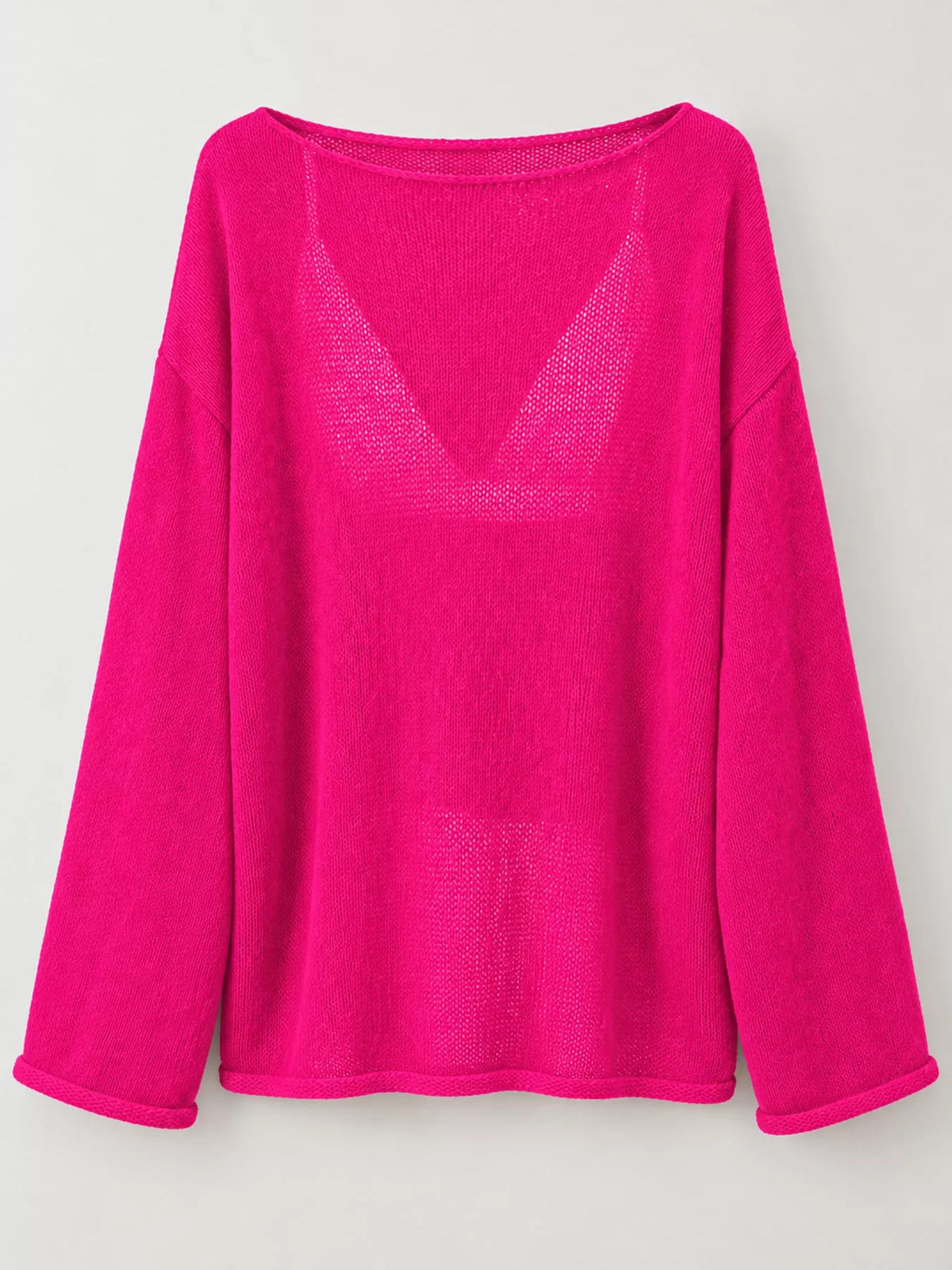 Lightweight Dropped Shoulder Knit Cover Up - Hot Pink - View 23