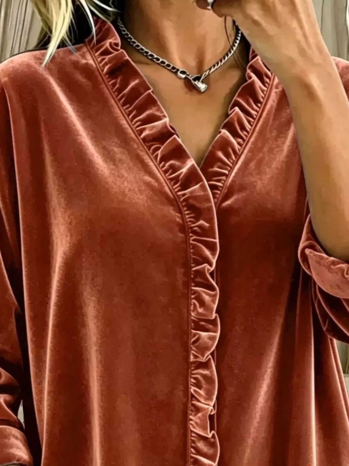Velvet Frill V-Neck Blouse - Orange - View 2