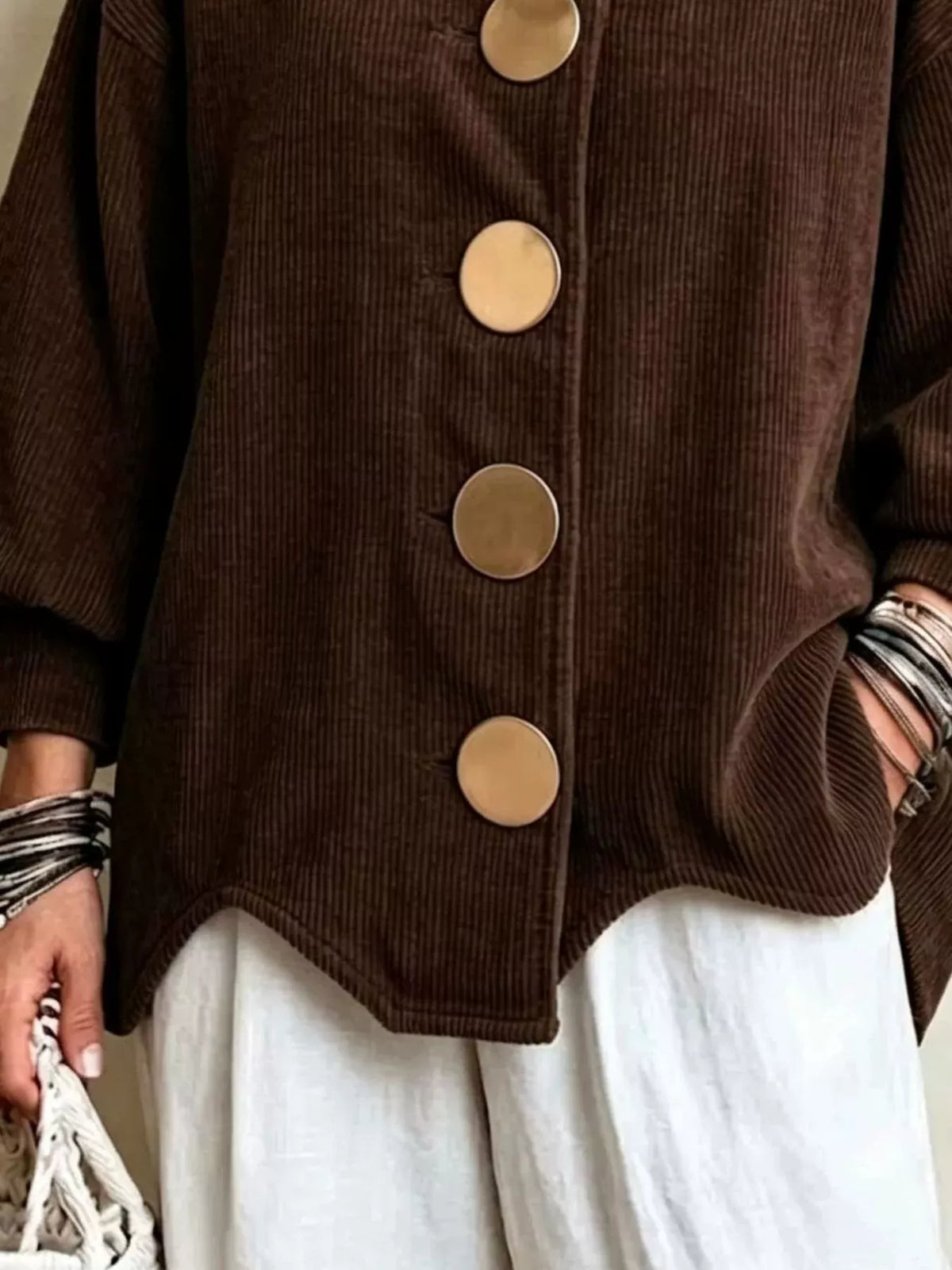 Full Size Corduroy Button-Down Jacket Plus Size - Dark Brown - View 10