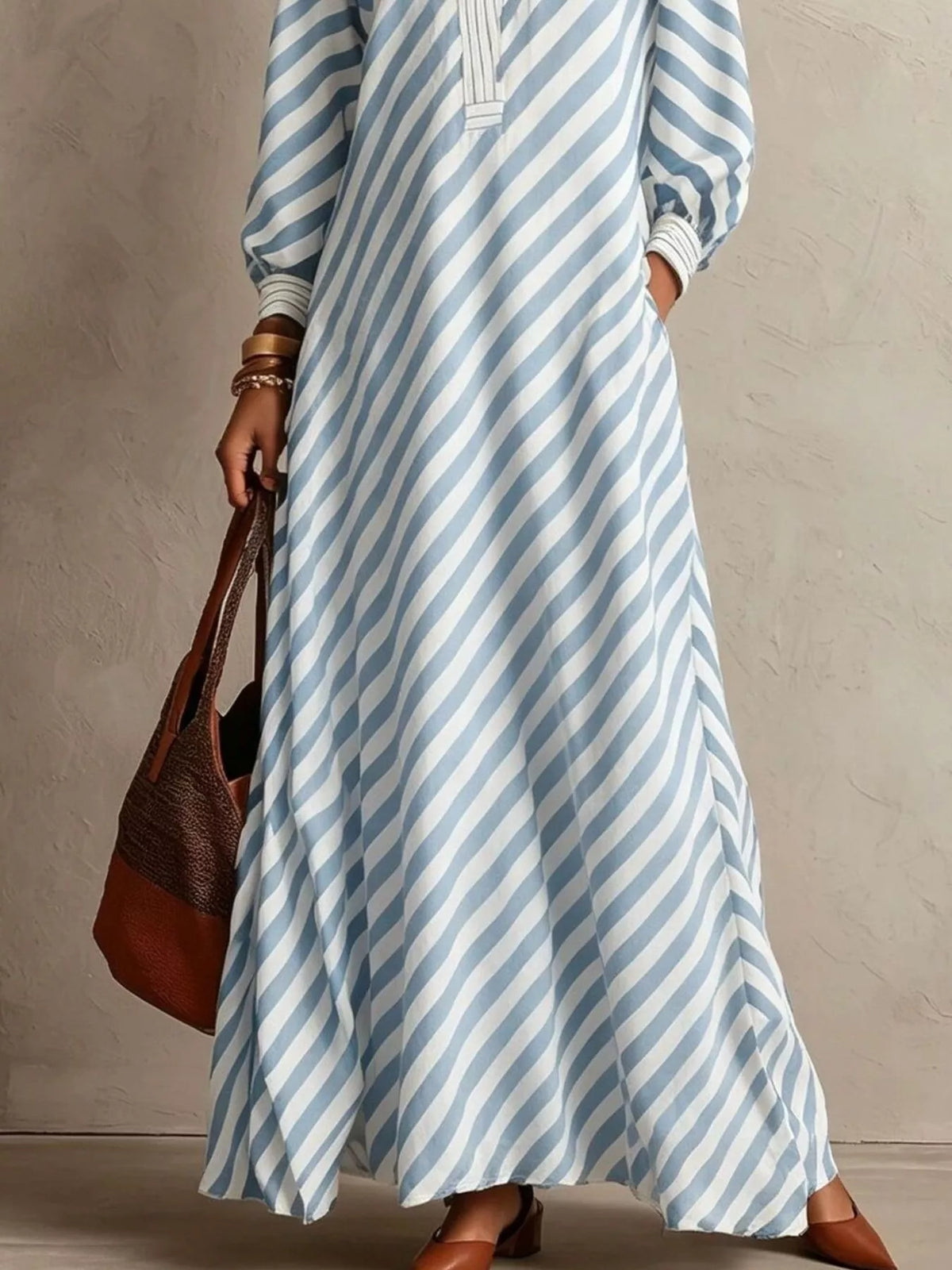 Striped Long Sleeves Maxi Dress - Light Blue - View 3