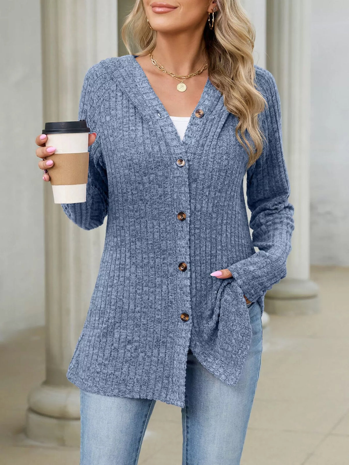 Ribbed Knit Hooded Button-Down Cardigan - Colorful Blue - View 5