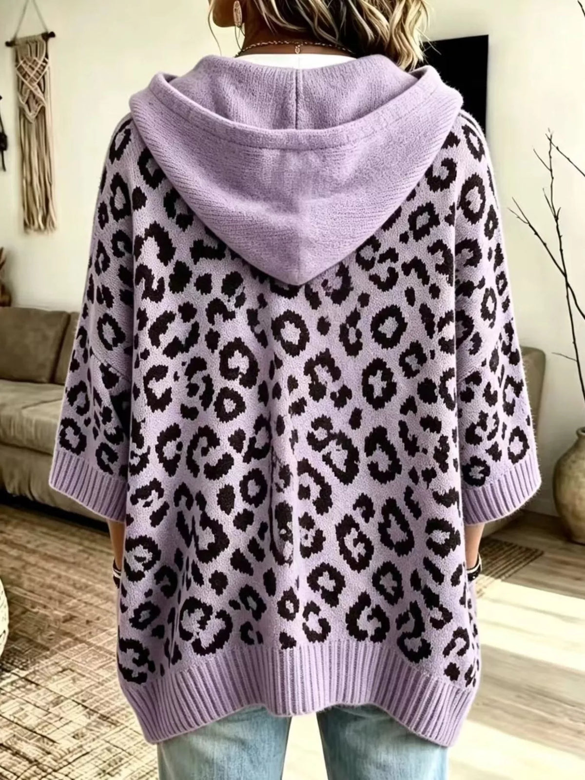 Drawstring Leopard Hooded Sweater - Purple - View 18