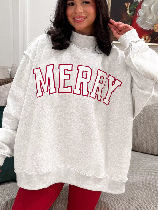 MERRY Embroidered Letter High Neck Tunic Pullover Sweatshirt - Light Gray - View 2