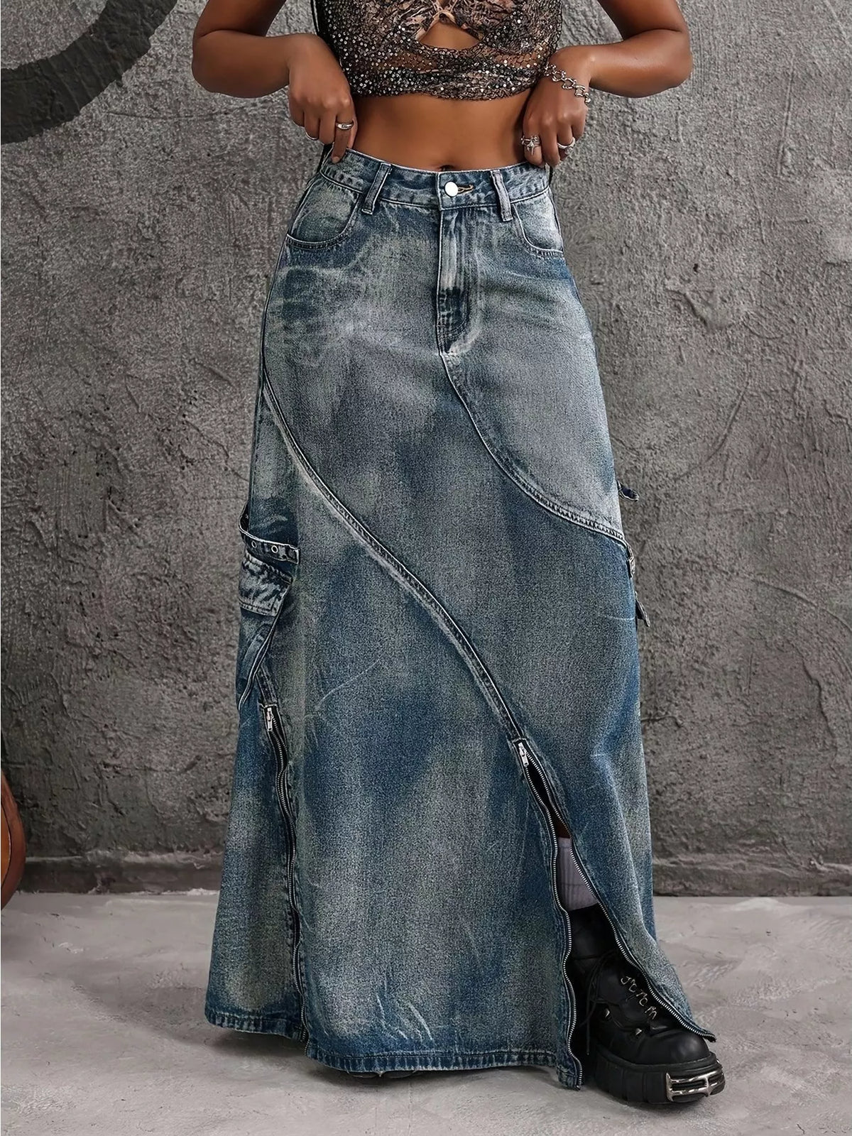High-Waisted Denim Maxi Skirt with Zipper Slit - Blue - View 2