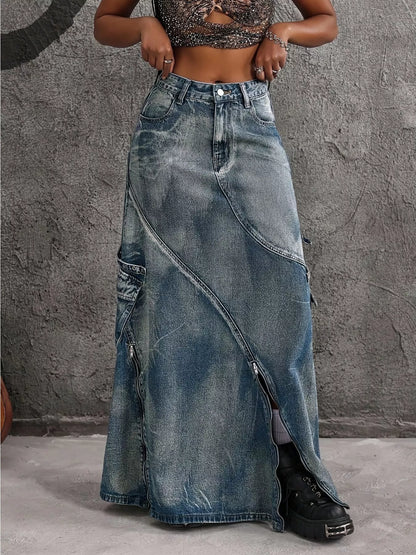 High-Waisted Denim Maxi Skirt with Zipper Slit - Blue - View 2