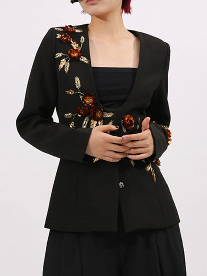 Embroidered Long Sleeve Blazer - Black - View 3