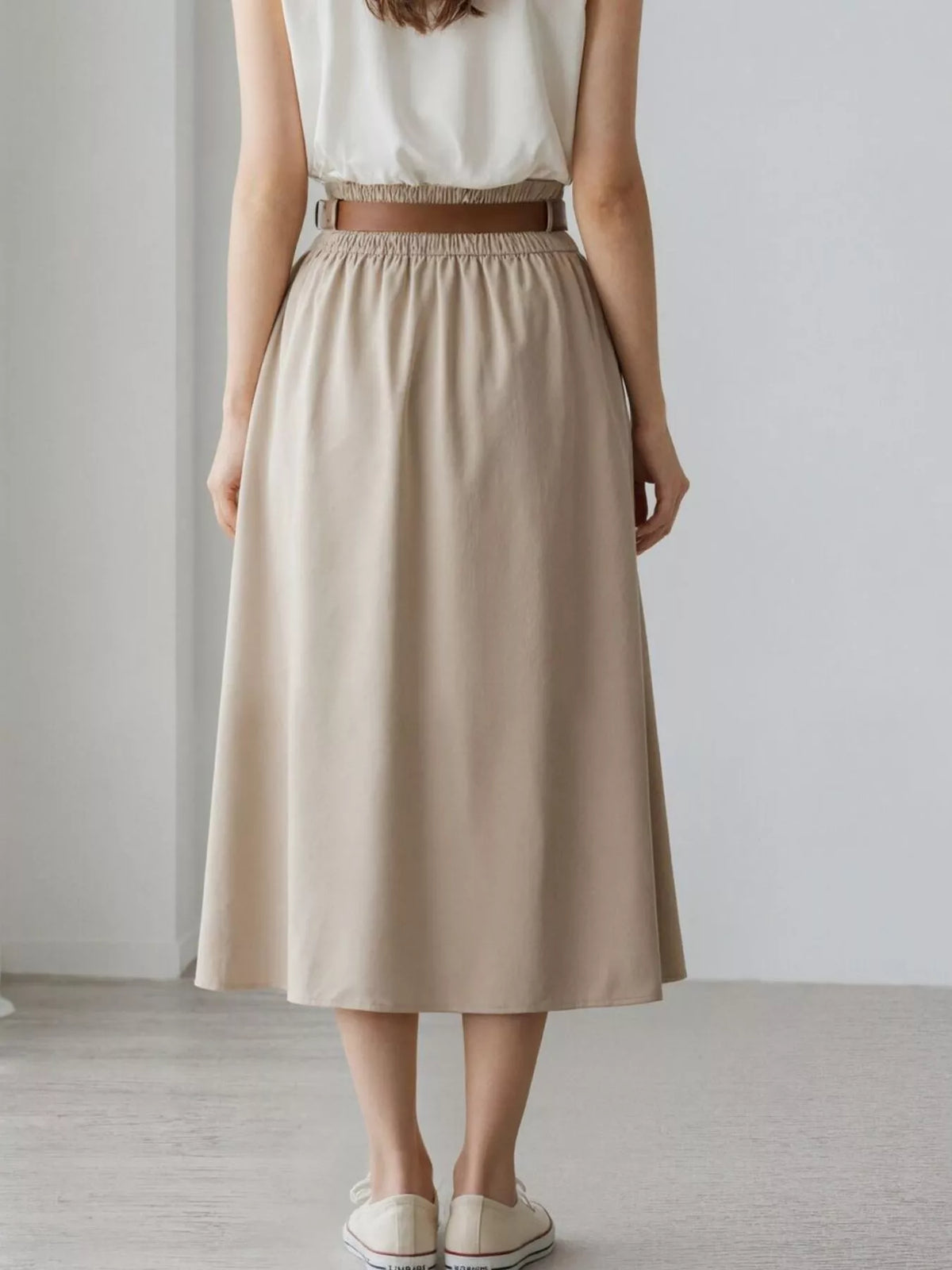 High-Waisted A-Line Midi Skirt - Apricot - View 2